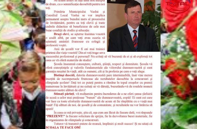 VIDEO: MESAJUL PRIMARULUI MUNICIPIULUI VASLUI, VASILE PAVĂL, CU OCAZIA DESCHIDERII NOULUI AN ȘCOLAR