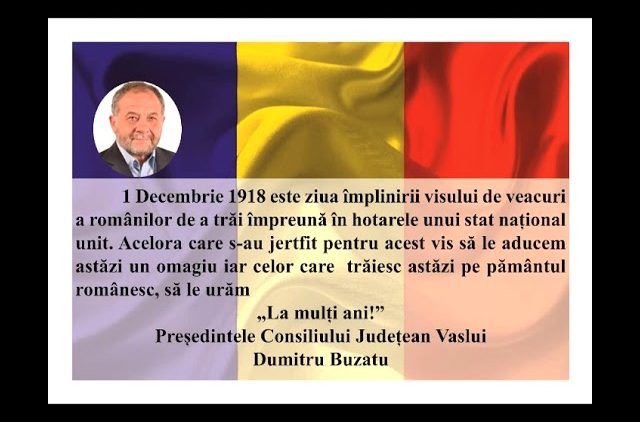 VIDEO: MESAJ DE ZIUA NAȚIONALĂ A ROMÂNIEI  DUMITRU BUZATU – PREȘEDINTELE CONSILIULUI JUDEȚEAN VASLUI