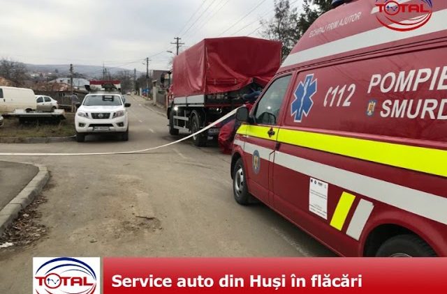VIDEO: Service auto din Huși în flăcări