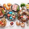 Traditional,Easter,Dinner,Or,Brunch,With,Ham,,Colored,Eggs,,Hot